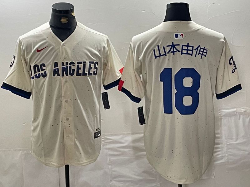Men Los Angeles Dodgers 18 Yamamoto Cream Fashion Nike Game MLB Jersey style 1
